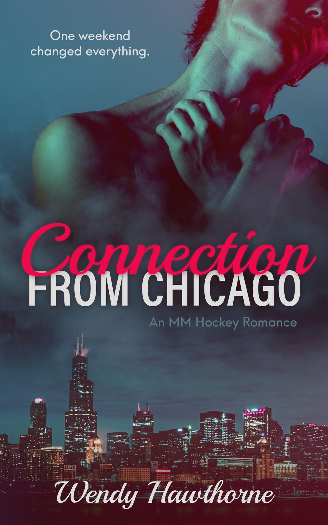 Connection From Chicago Book cover image for romance author Wendy Hawthorne's book release: Connection From Chicago. Image features a vector drawing of two goaltenders, one looks up to the left while the other faces the viewer.
